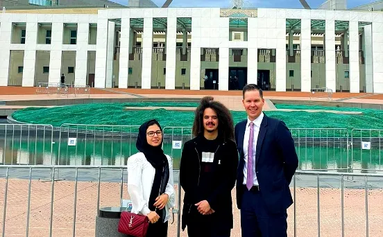 BSL Youth Advisers Shaima, Nathan, and BSL Executive Director Travis McLeod at Parliament House for the federal Jobs and Skills Summit
