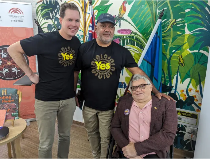 BSL Executive Director Travis McLeod with two indigenous Australians at the BSL Coolibah Centre.