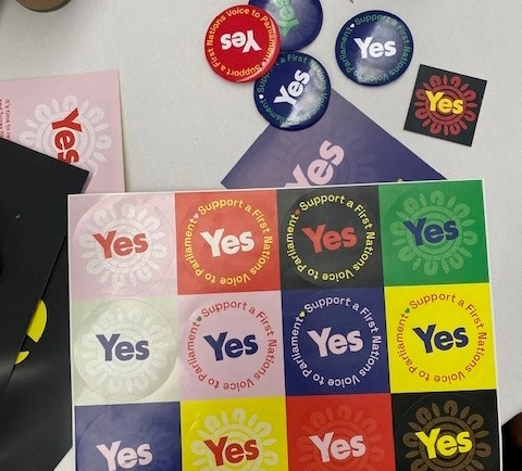 Pictured are a range of stickers and magnets for Yes23 activations