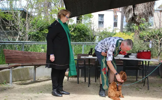 Our chaplains Debra and Scott with Marketing Manager for Aged Care, Vera Parovic’s dog, Olive.