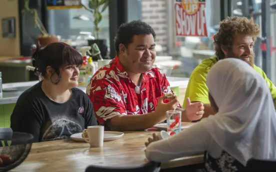 Broadmeadows Youth Foyer participants Shakara, Stephen, Chaltu and Jayden enjoy afternoon tea